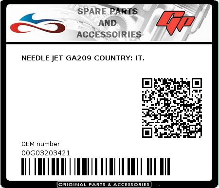 Product image: Derbi - 00G03203421 - NEEDLE JET GA209 COUNTRY: IT. 