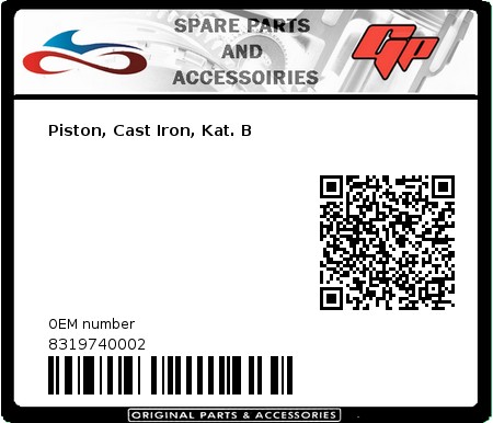 Product image: Derbi - 8319740002 - Piston, Cast Iron, Kat. B 