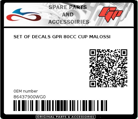 Product image: Derbi - 86437900WG0 - SET OF DECALS GPR 80CC CUP MALOSSI  0
