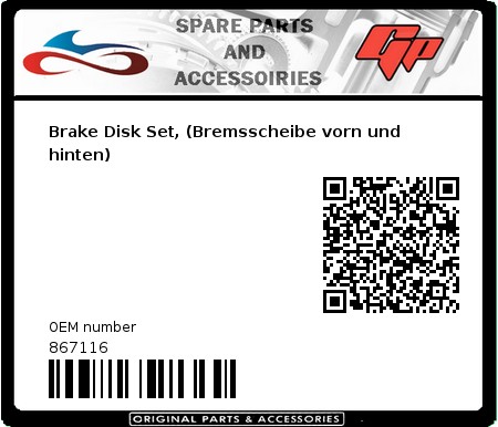 Product image: Derbi - 867116 - Brake Disk Set, (Bremsscheibe vorn und hinten)  0