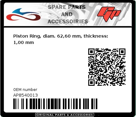 Product image: Derbi - AP8540013 - Piston Ring, diam. 62,60 mm, thickness: 1,00 mm  0