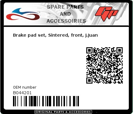Product image: Derbi - B044201 - Brake pad set, Sintered, front, J.Juan  0