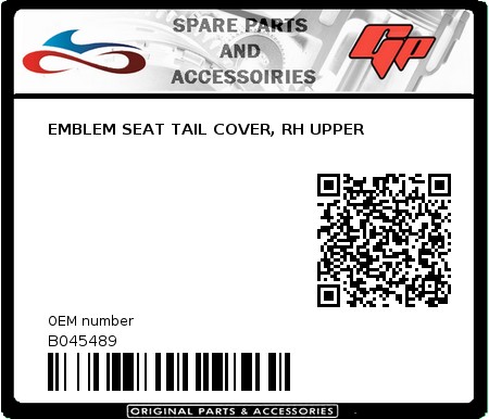 Product image: Derbi - B045489 - EMBLEM SEAT TAIL COVER, RH UPPER  0