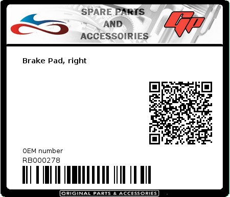 Product image: Derbi - RB000278 - Brake Pad, right  0