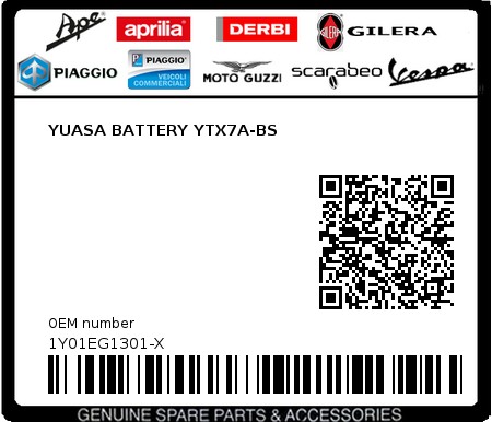 Product image: Sym - 1Y01EG1301-X - YUASA BATTERY YTX7A-BS  0