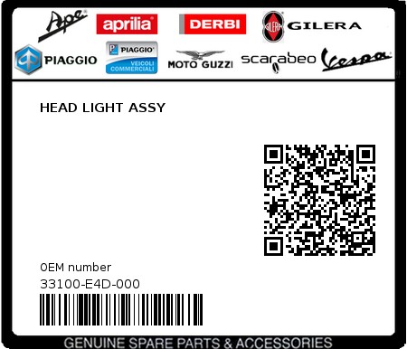 Product image: Sym - 33100-E4D-000 - HEAD LIGHT ASSY  0