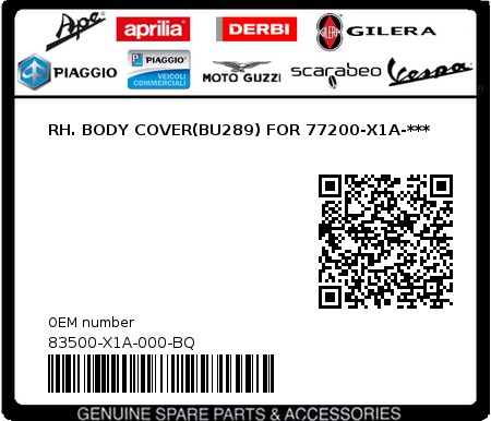 Product image: Sym - 83500-X1A-000-BQ - RH. BODY COVER(BU289) FOR 77200-X1A-***  0