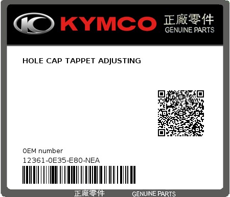 Product image: Kymco - 12361-0E35-E80-NEA - HOLE CAP TAPPET ADJUSTING  0