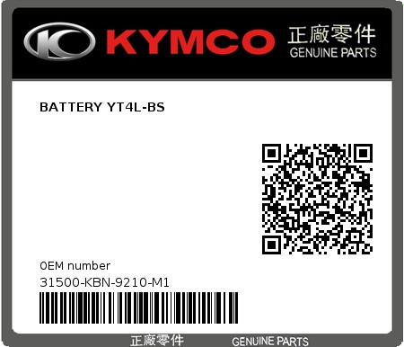 Product image: Kymco - 31500-KBN-9210-M1 - BATTERY YT4L-BS  0