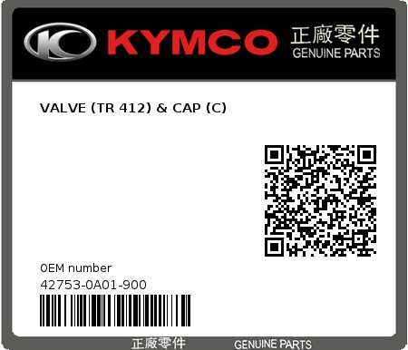 Product image: Kymco - 42753-0A01-900 - VALVE (TR 412) & CAP (C) 