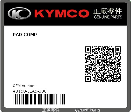 Product image: Kymco - 43150-LEA5-306 - PAD COMP  0