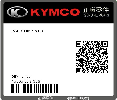 Product image: Kymco - 45105-LEJ2-306 - PAD COMP A+B 