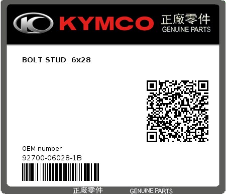 Product image: Kymco - 92700-06028-1B - BOLT STUD  6x28  0
