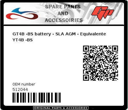 Product image: Kyoto - 512044 - GT4B -BS battery - SLA AGM - Equivalente YT4B -BS 