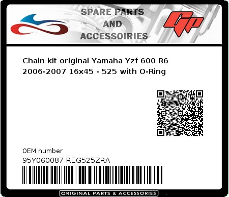 Product image: Regina - 95Y060087-REG525ZRA - Chain kit original Yamaha Yzf 600 R6 2006-2007 16x45 - 525 with O-Ring 