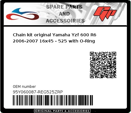 Product image: Regina - 95Y060087-REG525ZRP - Chain kit original Yamaha Yzf 600 R6 2006-2007 16x45 - 525 with O-Ring 