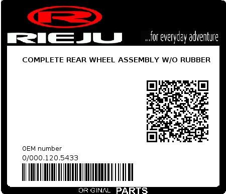 Product image: Rieju - 0/000.120.5433 - COMPLETE REAR WHEEL ASSEMBLY W/O RUBBER 