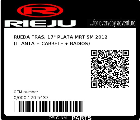 Product image: Rieju - 0/000.120.5437 - RUEDA TRAS. 17" PLATA MRT SM 2012 (LLANTA + CARRETE + RADIOS)  0