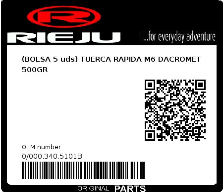 Product image: Rieju - 0/000.340.5101B - (BOLSA 5 uds) TUERCA RAPIDA M6 DACROMET 500GR 