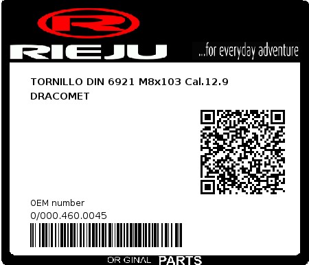 Product image: Rieju - 0/000.460.0045 - TORNILLO DIN 6921 M8x103 Cal.12.9 DRACOMET  0