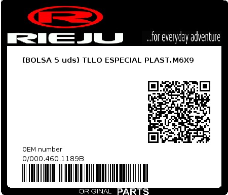 Product image: Rieju - 0/000.460.1189B - (BOLSA 5 uds) TLLO ESPECIAL PLAST.M6X9 