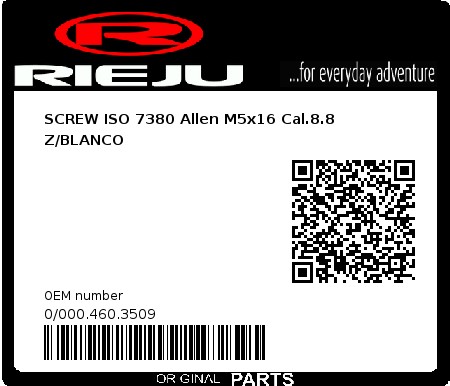Product image: Rieju - 0/000.460.3509 - SCREW ISO 7380 Allen M5x16 Cal.8.8 Z/BLANCO  0