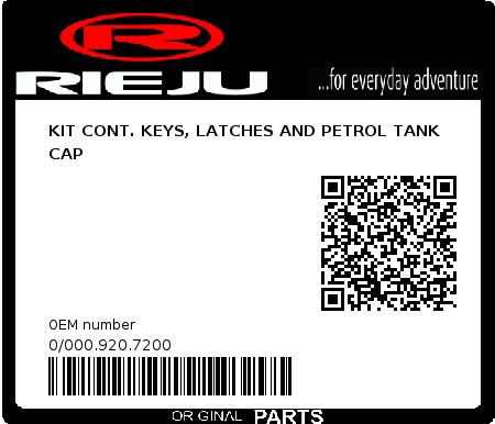 Product image: Rieju - 0/000.920.7200 - KIT CONT. KEYS, LATCHES AND PETROL TANK CAP  0