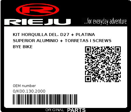 Product image: Rieju - 0/K00.130.2000 - KIT HORQUILLA DEL. D27 + PLATINA SUPERIOR ALUMINIO + TORRETAS I SCREWS BYE BIKE 