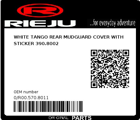 Product image: Rieju - 0/R00.570.8011 - WHITE TANGO REAR MUDGUARD COVER WITH STICKER 390.8002 