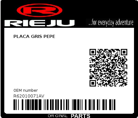 Product image: Rieju - R62010071AV - PLACA GRIS PEPE  0
