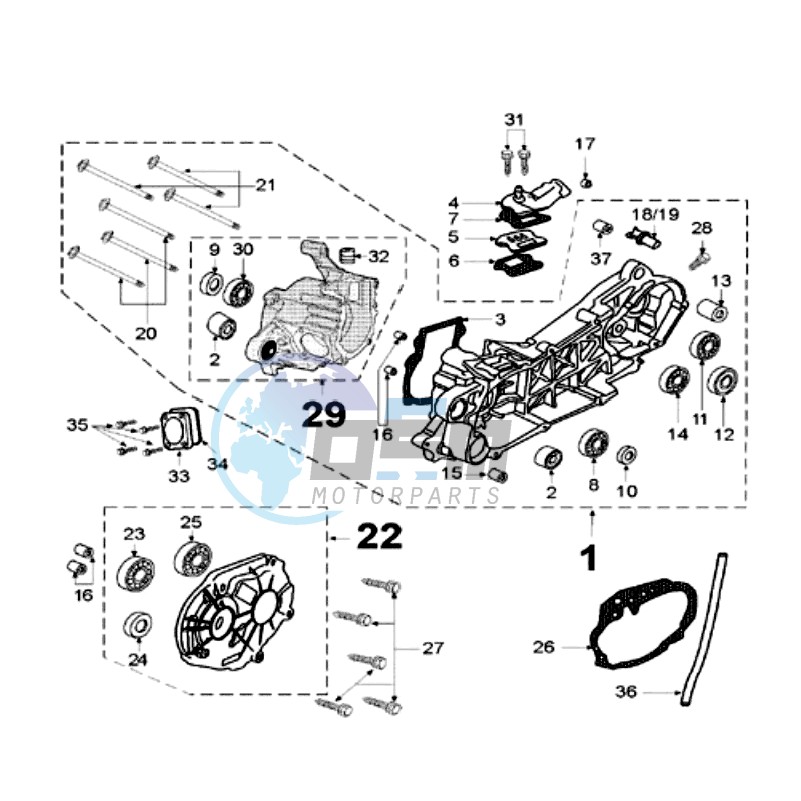 CRANKCASE WITH SHORT MOUNT RUBBERS