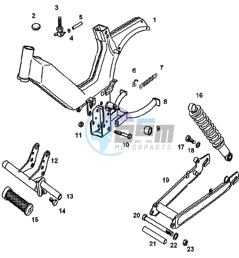 Frame and swinging arm