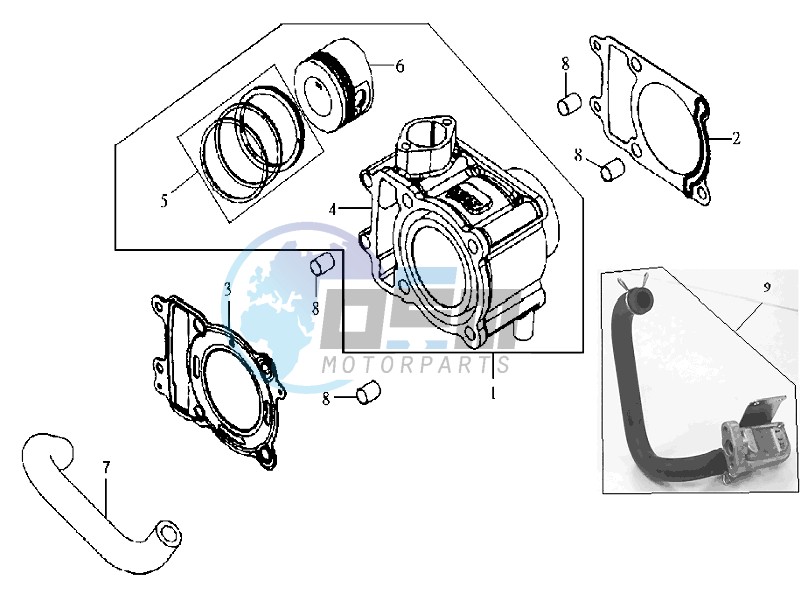 CYLINDER MET PISTON / CYLINDER GASKETS TOP AND BOTTOM