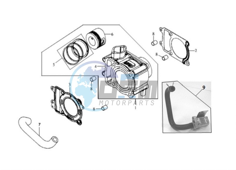 CYLINDER MET PISTON / CYLINDER GASKETS TOP AND BOTTOM