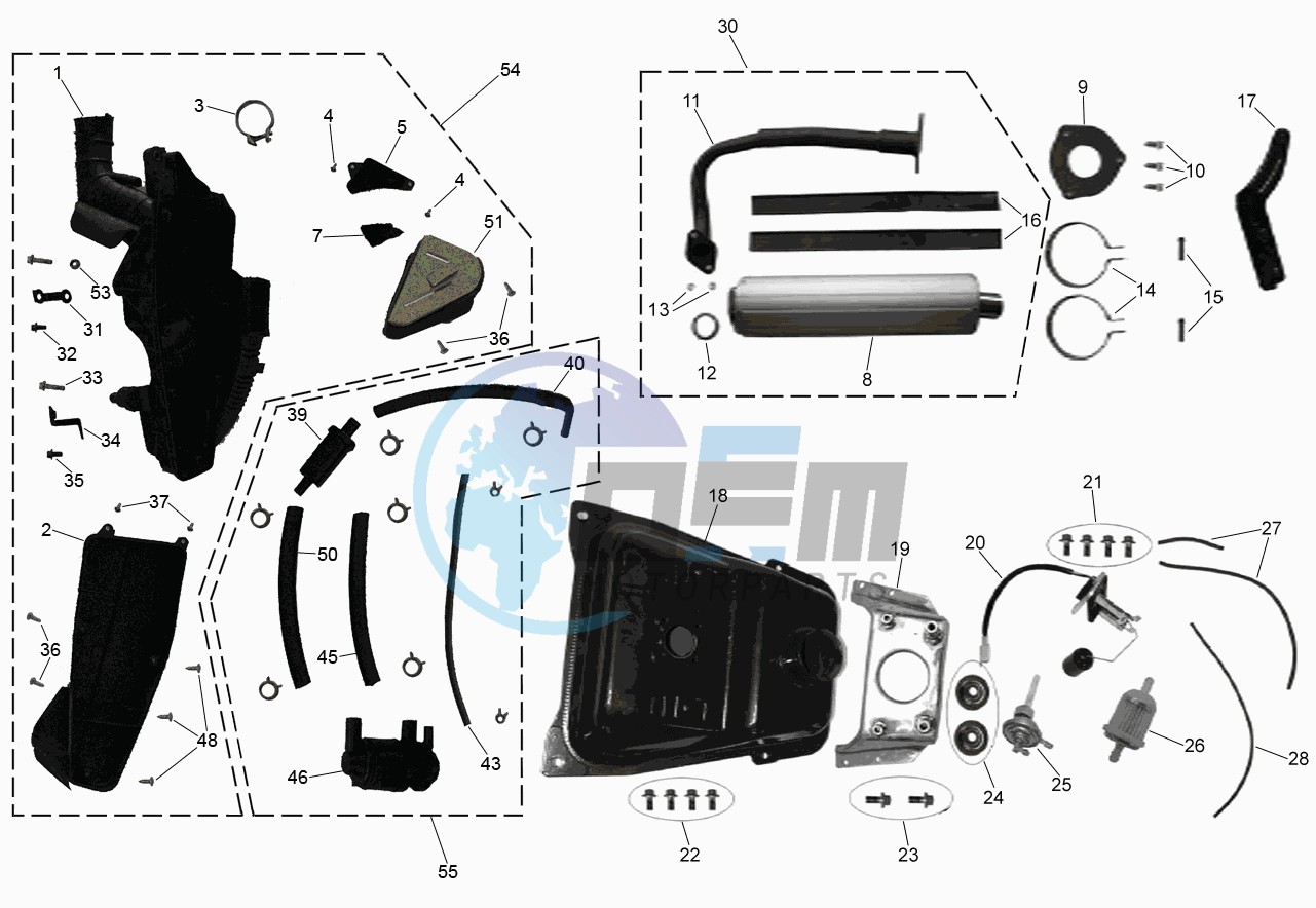 EXHAUST,RADIATOR,TANK, AIRFILTER