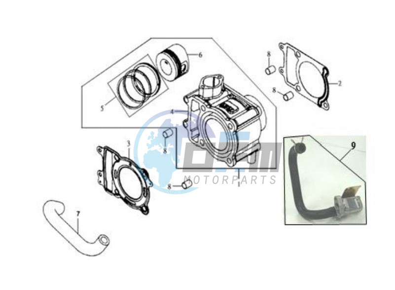 CYLINDER MET PISTON / CYLINDER GASKETS TOP AND BOTTOM