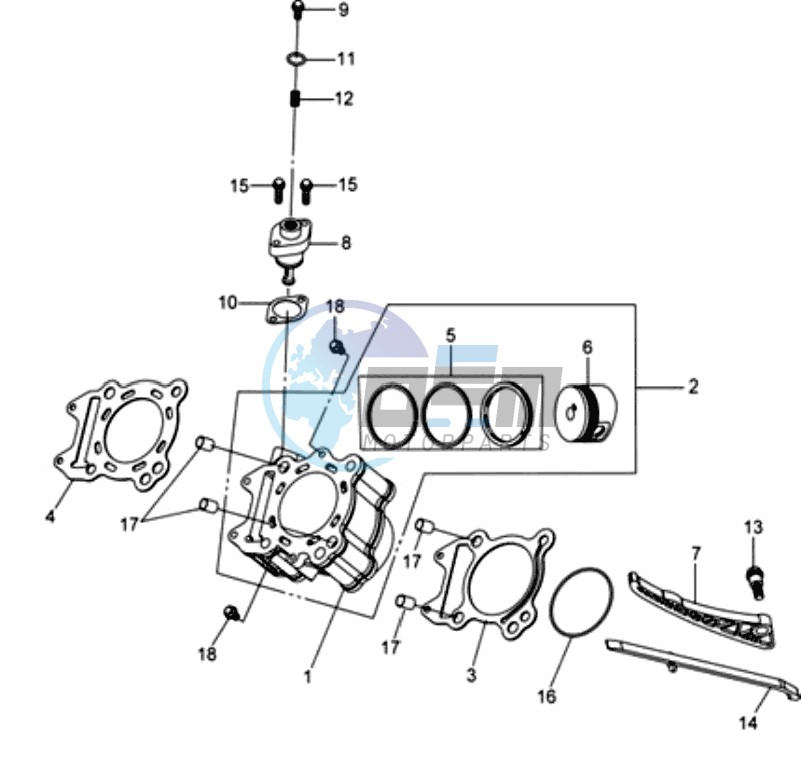 CYLINDER MET PISTON / CYLINDER GASKETS TOP AND BOTTOM