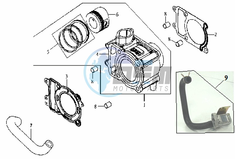 CYLINDER MET PISTON / CYLINDER GASKETS TOP AND BOTTOM