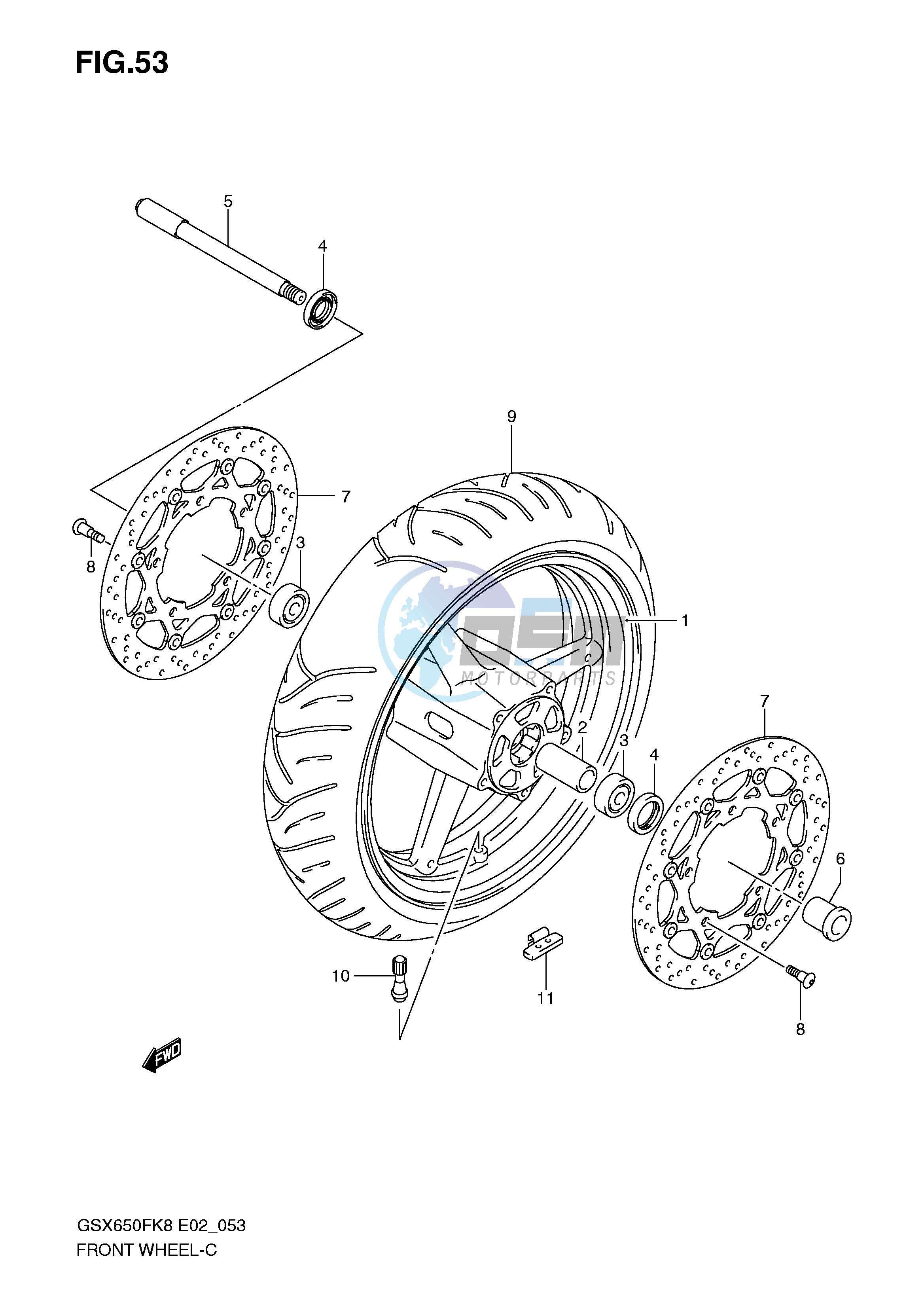 FRONT WHEEL (GSX650FK8 FUK8 FK9 FUK9 FL0 FUL0)