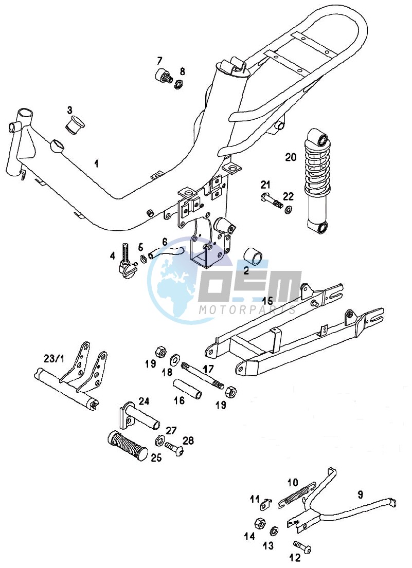 Frame and swinging arm