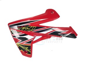 Product image: Rieju - 0/R00.570.5097 - RED LH RADIATOR COVER WITH STICKER 390.5153 